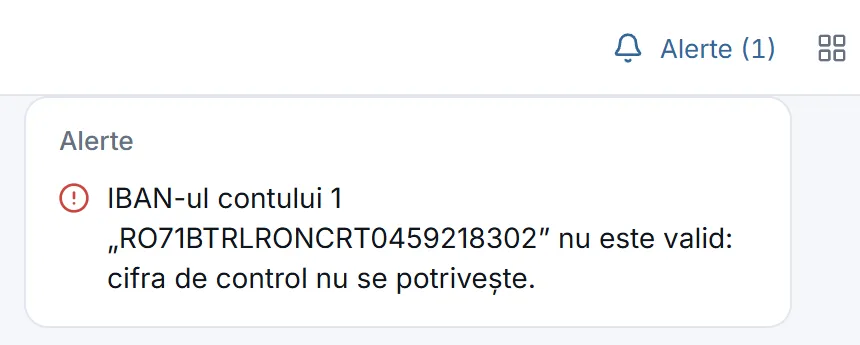 Panoul de alerte din Edda cu mesajul că IBAN-ul unui cont nu este valid, deoarece cifra de control nu se potrivește.