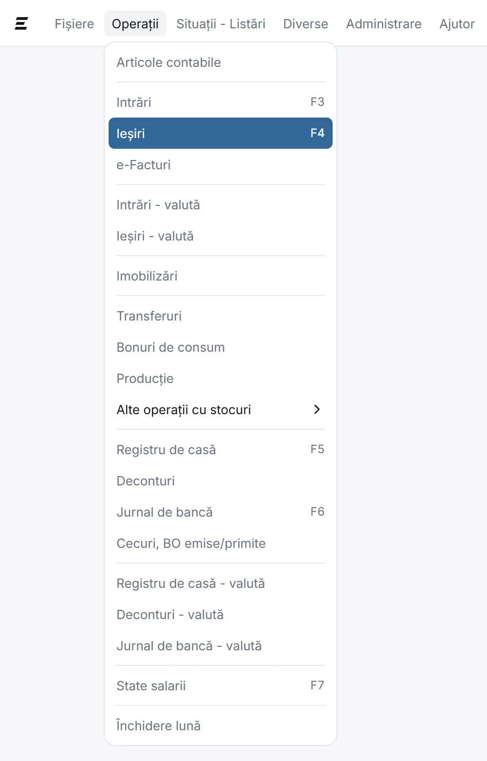 Meniul Operații din Edda, cu Intrări (F3), Ieșiri (F4), e-Facturi, Registru de casă (F5) și Jurnal de bancă (F6).